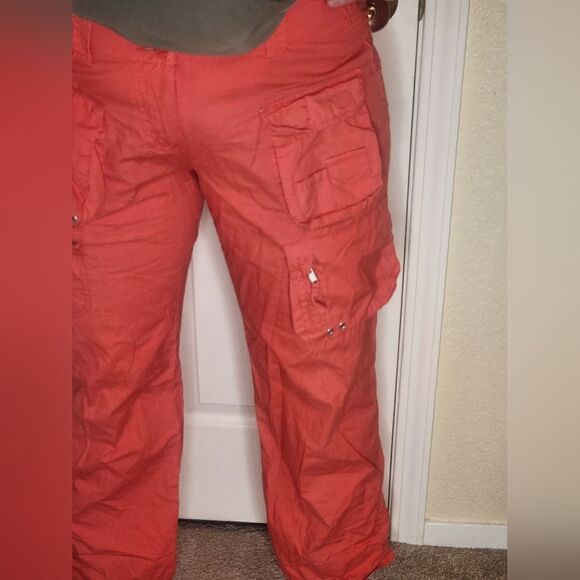 Lulu-B 10 Coral Red Full Length Roll Up Zipper Cargo Women’s Pants - Picture 4 of 14